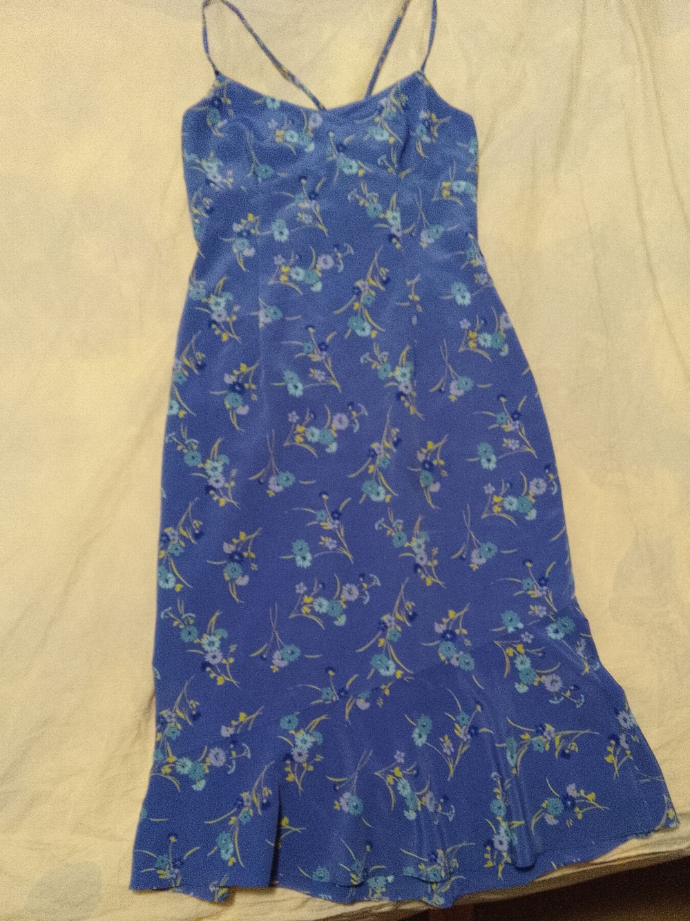 Express Blue Floral Midi Slip Dress with Spaghetti Straps